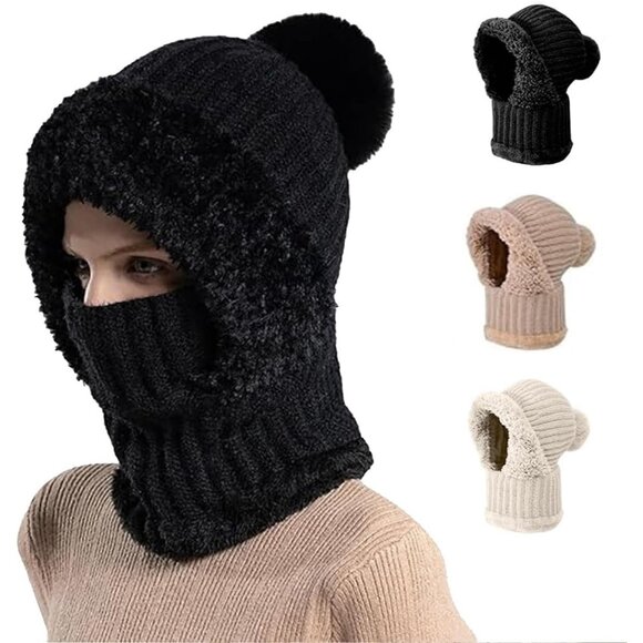 Accessories - 3 in 1 Beanie Hat Women Hat with Scarf and Mask Winter Warm Knit Ski Scarf Black